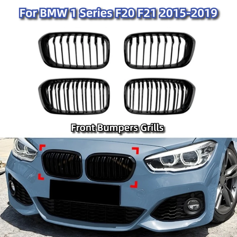 

For BMW 1 Series F20 F21 2015-2019 Gloss Black Grilles Front Bumper Kidney Grille Racing Grills Replacement Double Slat