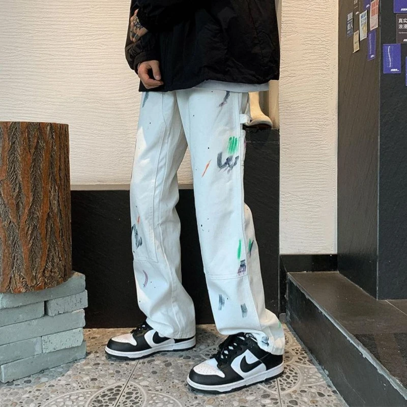 

Мужские трендовые прямые джинсы High Street Свободные брюки Хип-хоп Панк Уличная одежда Белые брюки с граффити