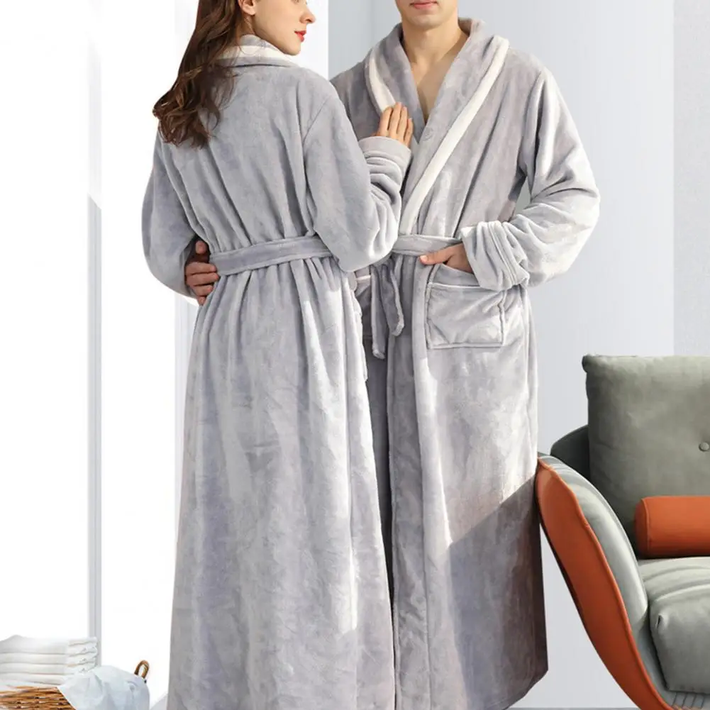 Flannel Winter Nightgown with Adjustable Lace Up Belt Pockets for Women Warm Homewear Spa for Couples