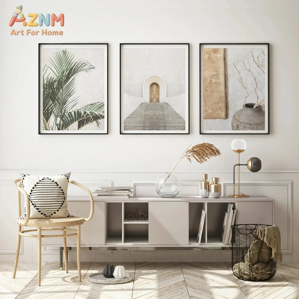 AZNM  Boho Coastal Palm Canvas Wall Art, Neutral Architecture Vase Branch Print Frameless Canvas Painting, Minimalist Aesthetic
