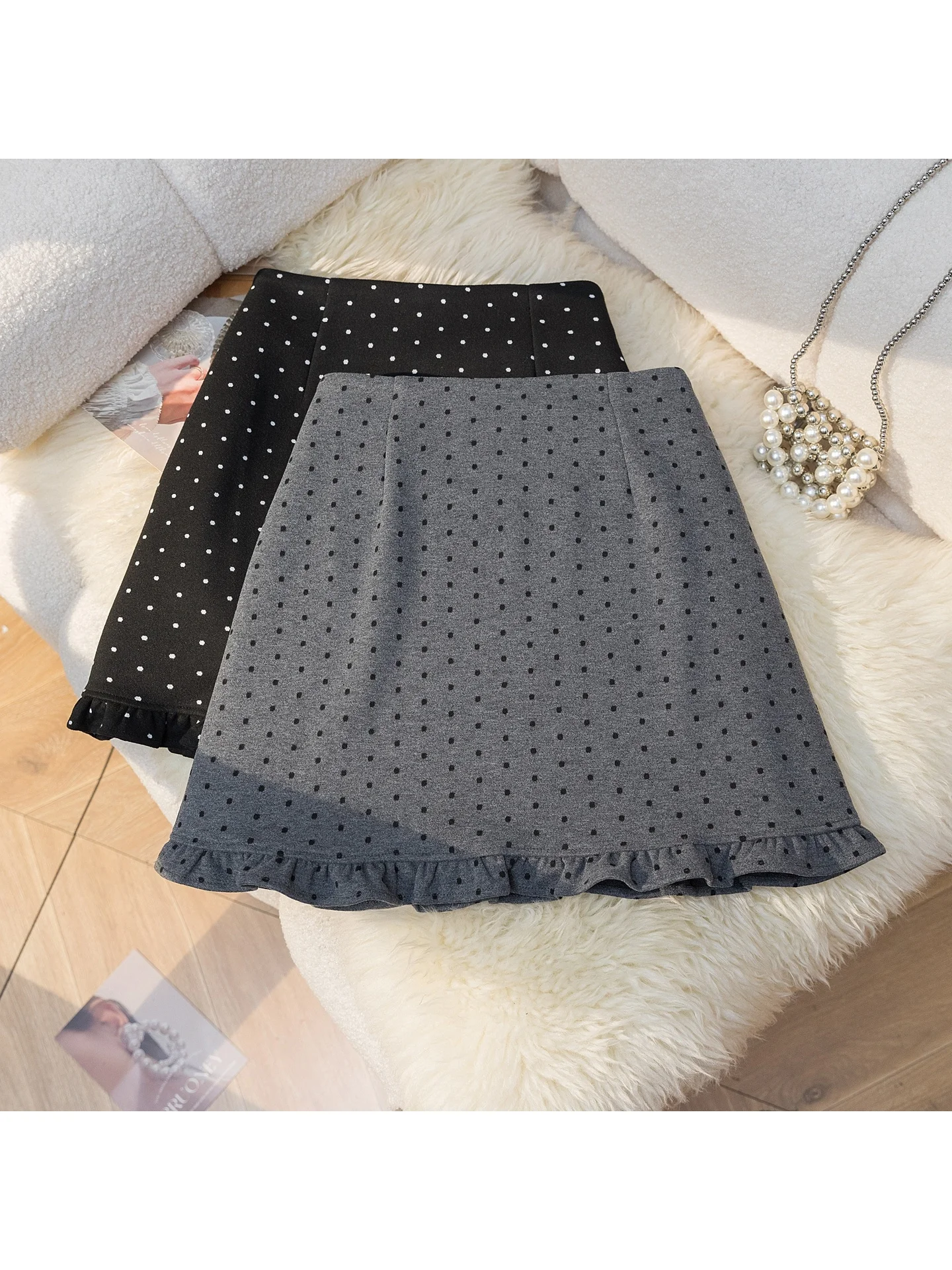 High Waist A-Line  Skirt Women's Plaid Polka Dot Wool Blend Short Skirt Spring Autumn Seasonal Wood Grain  Design