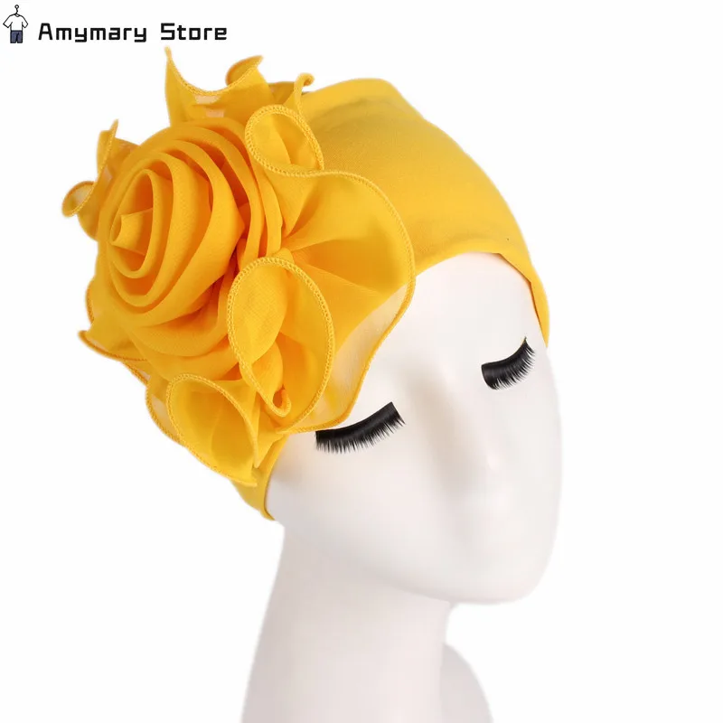 Solid Color Big Flower Women Elastic Hair Loss Cap Turban African Head Wrap Hijab Wedding Party Headwear Mujer Hair Accessories