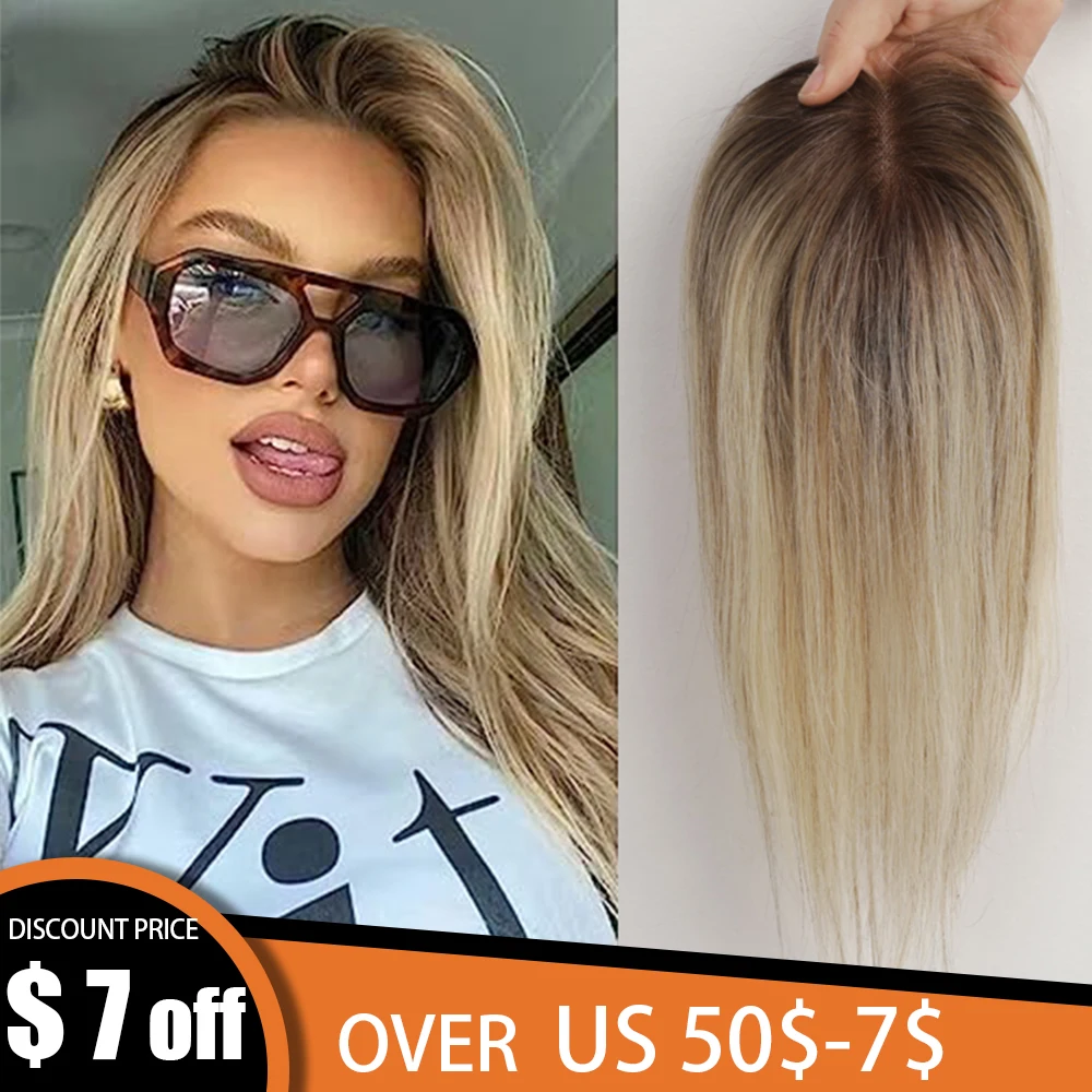 Toppers de cheveux humains pour femmes, 100% Remy, Ombre, Brun clair, Blonde, Partie médiane, Pièces avec pince à cheveux amincissante