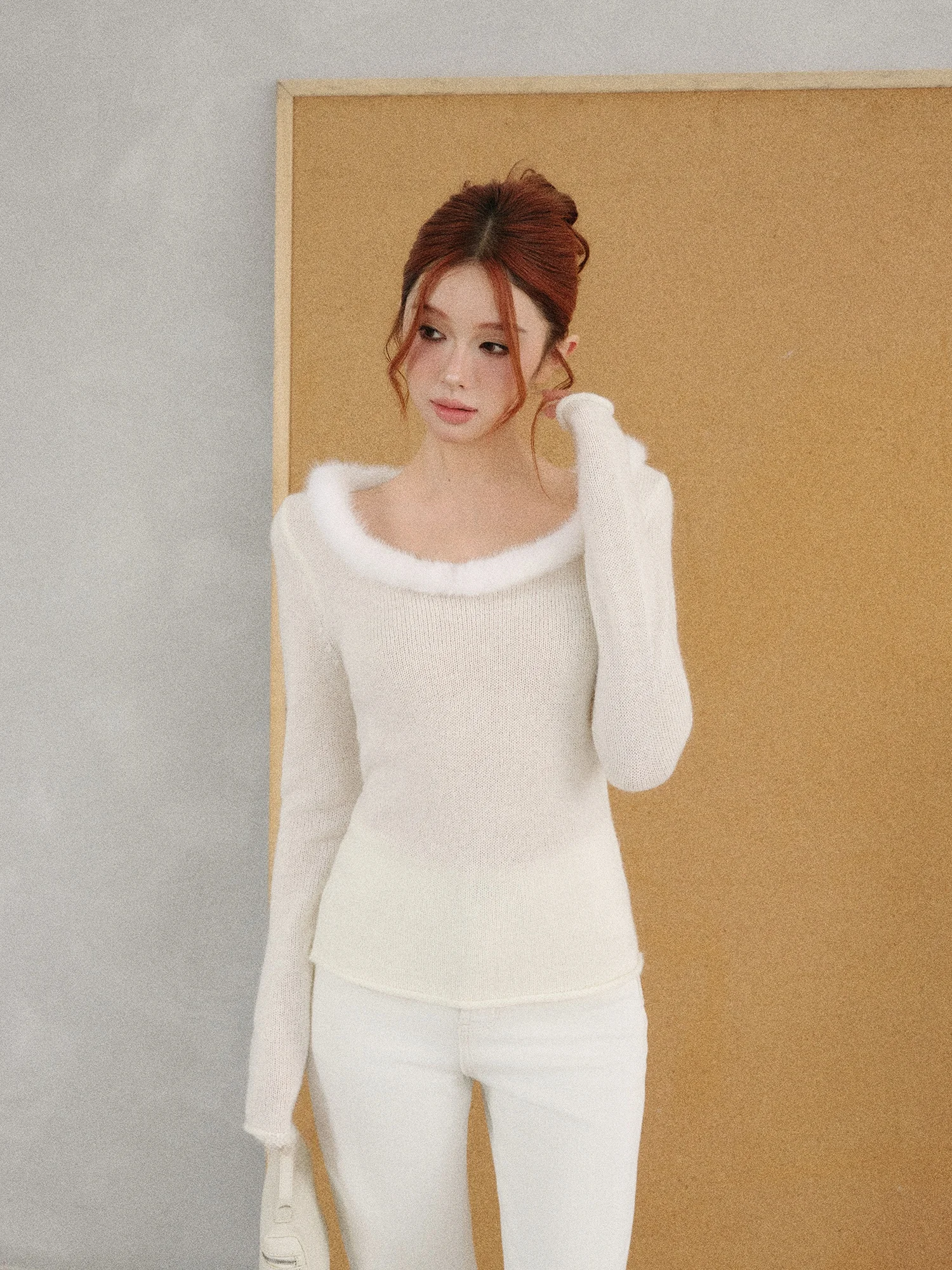 

Вязаный свитер FORNIYOYO с открытыми плечами, комбинированный из мутоновой и кашемировой ткани, простой фасон, женский, с длинными рукавами, из полиэстера и акрила.