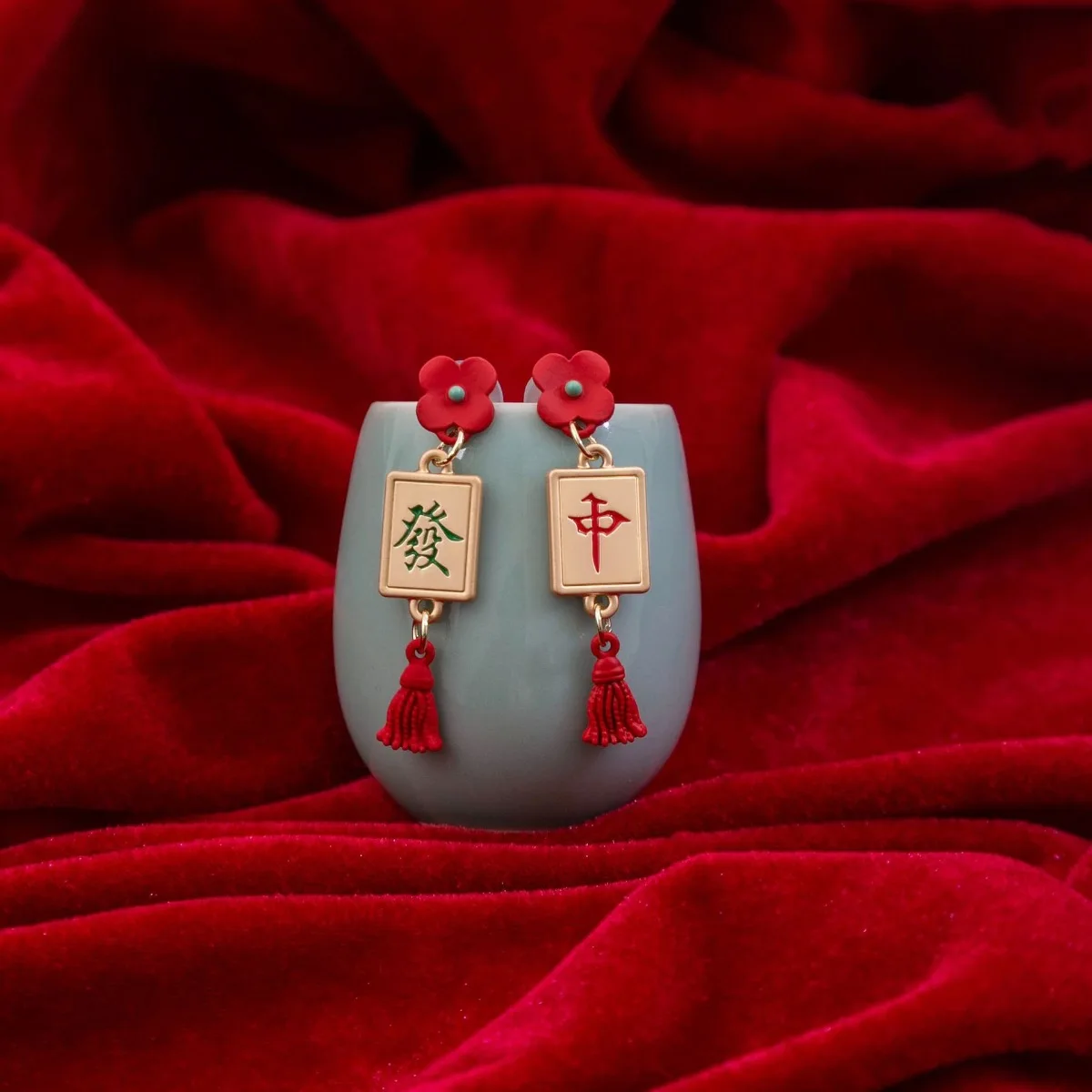 2024 New Design Mahjong Earrings for Women Golden Red Color Fashion Jewelry New Year Make A Fortune Lucky Gifts Charm Earring