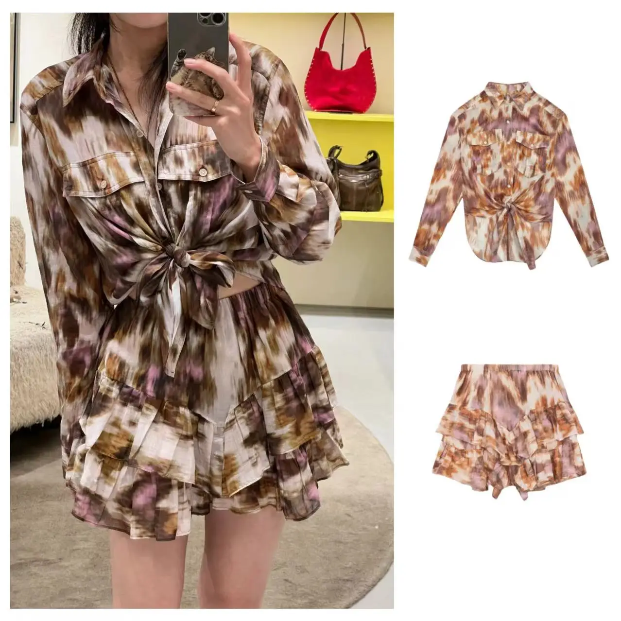 

Isa Gradient Set Lightweight Gauze Shirt Elastic Waist Skirt Pants Spring Commute Style Loose Fit Long Sleeve Printed Cotton