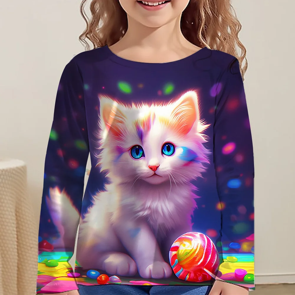 Kinder Kleidung Mädchen T-Shirts Top Langarm Kinder T-Shirt Nette Katze Drucken Casual Kinder Sommer Herbst Kleidung Mädchen Kleidung – Detail 4