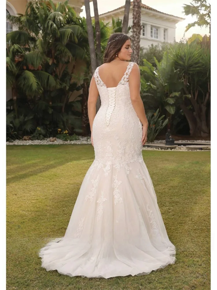 Plus Size V-neck Appliques Tank Mermaid Wedding Dress Sleeveless Lace Up Floor Length Bridal Gown Elegant Vestido De Novia