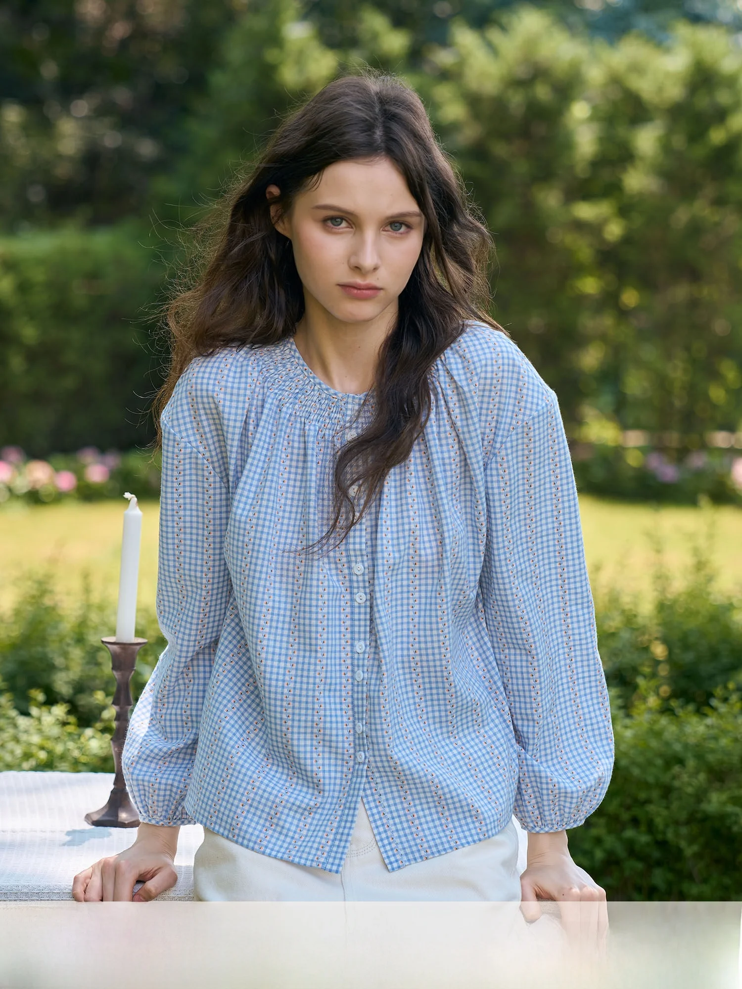 

Sweet Blue And White Plaid Lantern Sve irt Women's Spring Autumn Loose Fit Slimming Top Bruland Polyester Cotton Blend