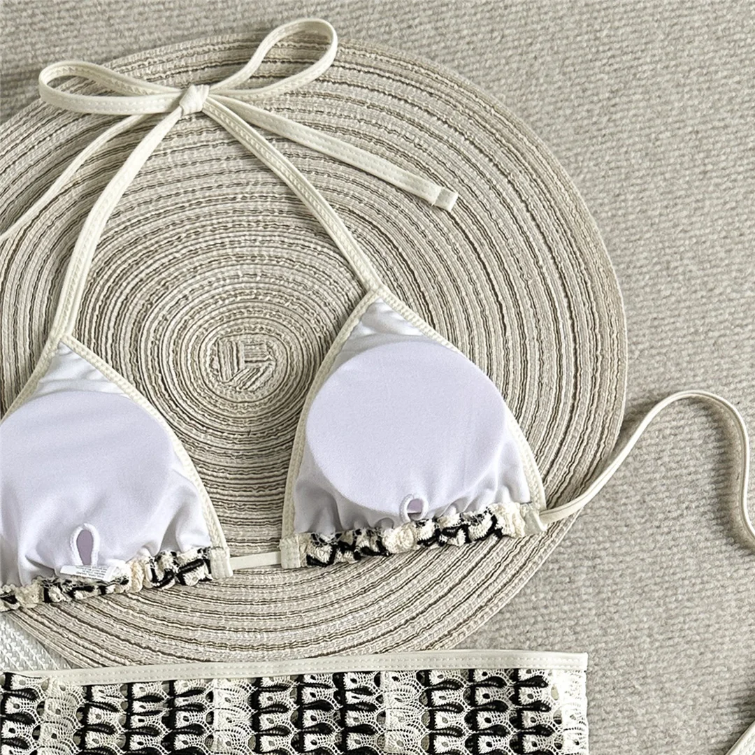 Mit Sarong-Halter, farbenfrohem Bikini, Damen-Badebekleidung, dreiteiligem Bikini-Set, gepolstertem Badeanzug, Badeanzug, Schwimmbekleidung V7597 – Detail 10