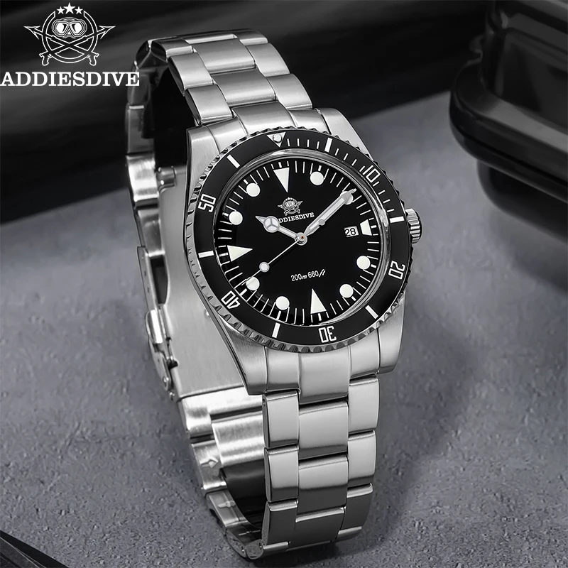 ADDIESDIVE New 39mm Men's Watch AD2068 Luminous Diving 200m Waterproof Ceramic Bezel 316L Stainless Steel Calendar Quartz Watch