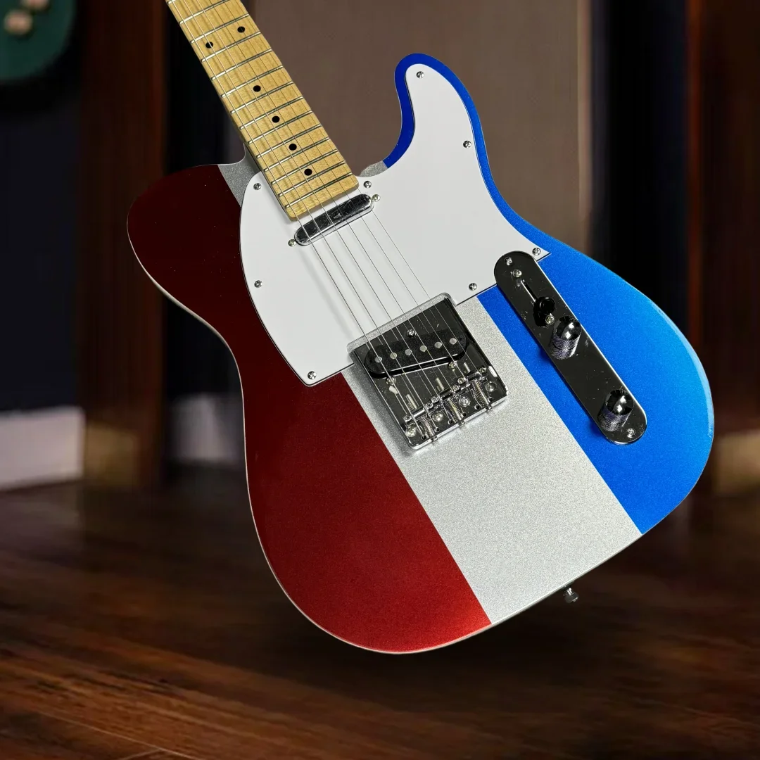 

Free Shiping Eye-catching Color-blocking Tele Electric Guitar Pickups 3-Saddle Bridge with Barrel Brass Saddles Mahogany Body