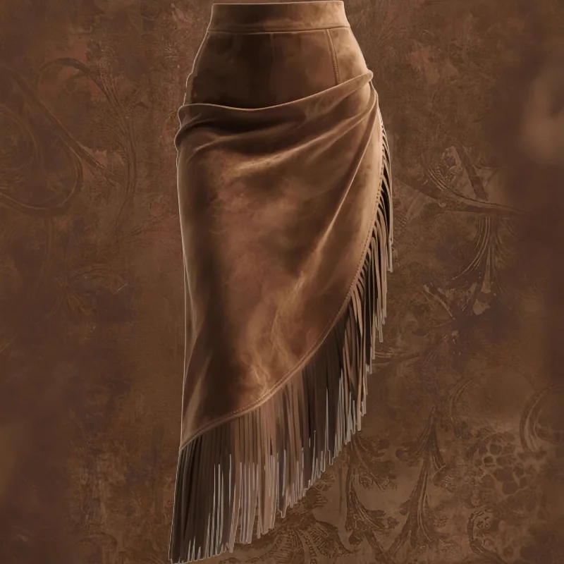 

New European American Women's Retro Western Fringed Hemline Irregular Suede Skirt Skirt Fashionable Personalized Women Clothing