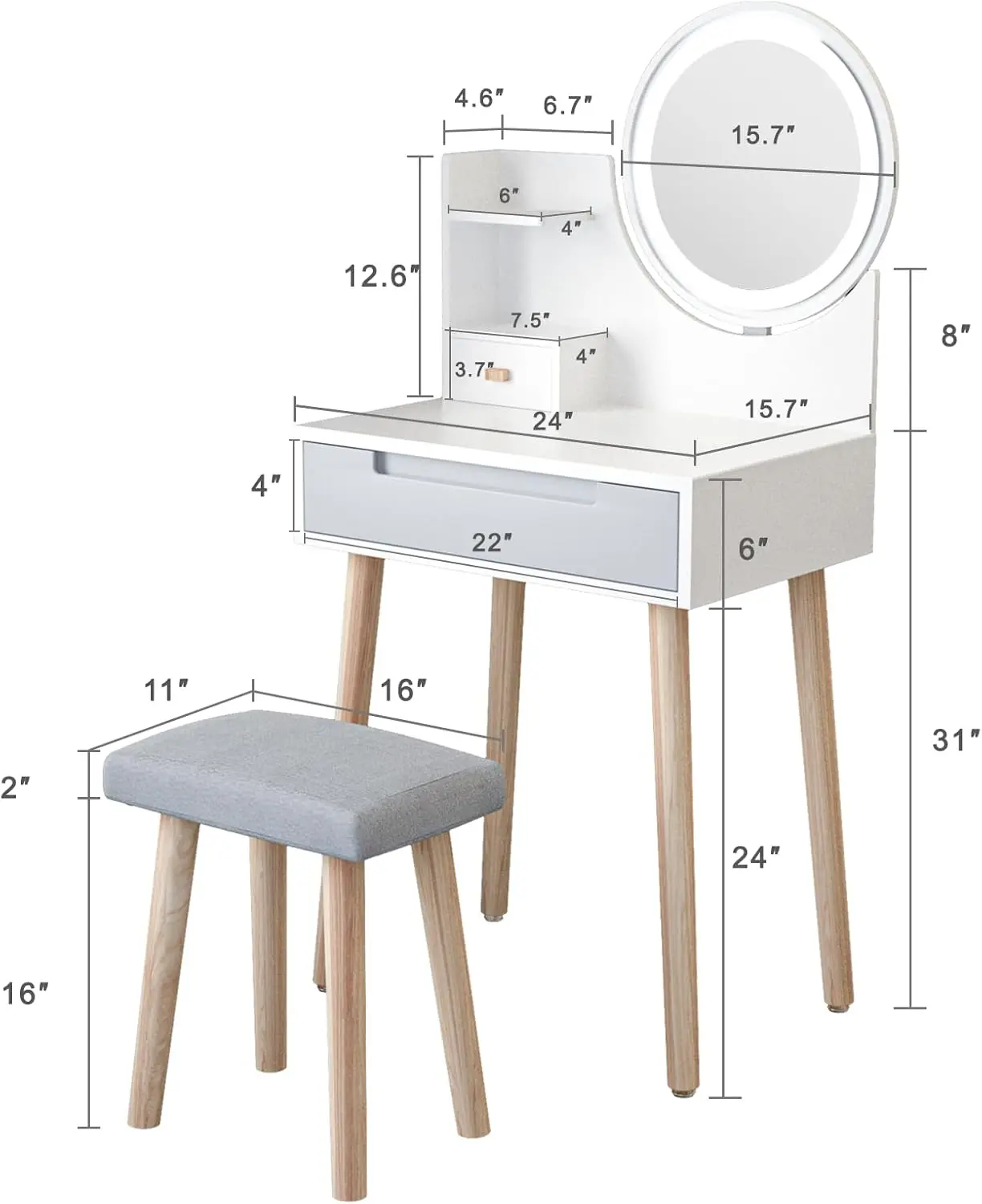  Small Vanity Desk Set with 3 Adjustable Lighted Mirror and Storage Shelf White and Grey Tiny Vanity Table with Drawer