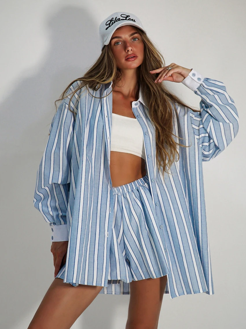 

Marthaqiqi Loose Women Pajamas 2 Piece Suit Turn-Down Collar Sleepwear Long Sleeve Nightwear Shorts Casual Ladies Nightgowns Set