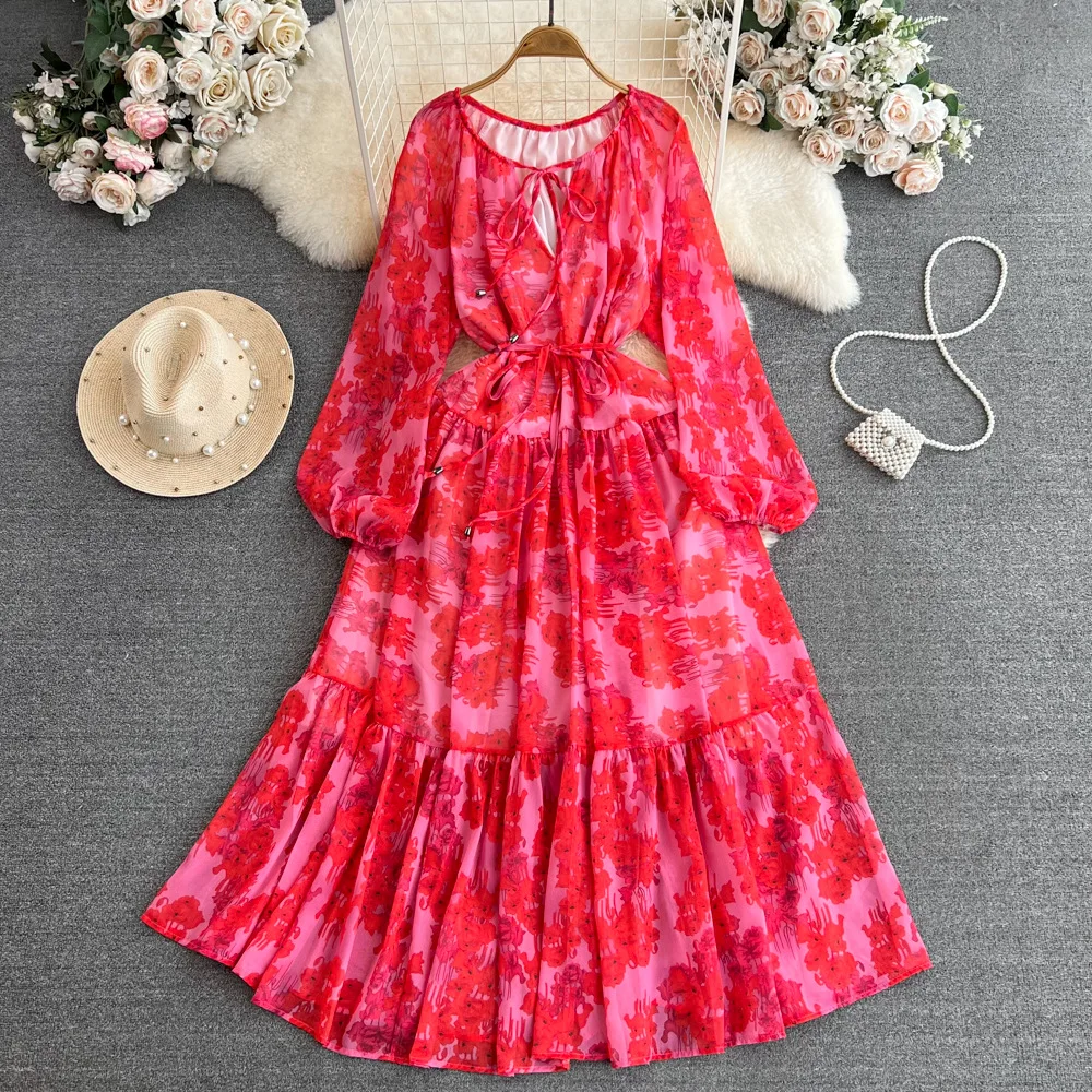 UNI rétro imprimé fleuri pansement robe élégante a-ligne lanterne manches décontracté à lacets taille haute robe femmes été