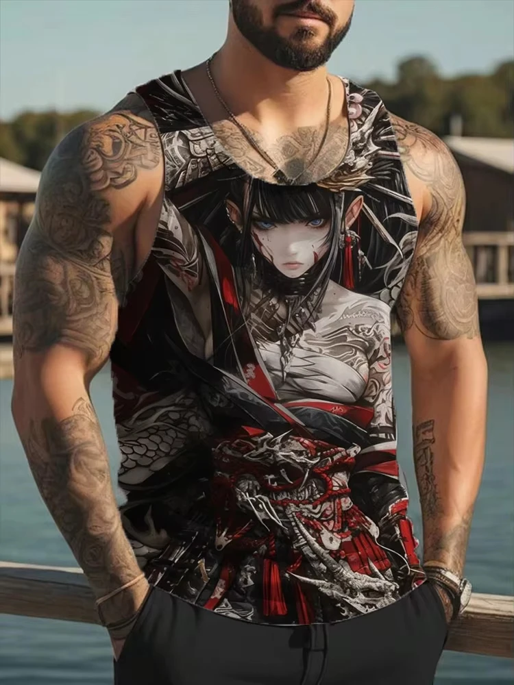 Camisetas Sem Mangas com Estampa 3D de Menina Samurai para Homens e Mulheres, Vestuário Casual Oversized para Academia, Camiseta Sem Mangas Harajuku