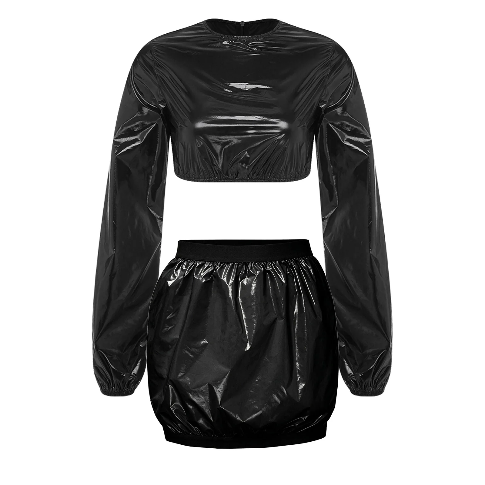 Womens Waterproof Clubwear Sets Crew Neck Long Sleeve Crop Top with Cover-up Miniskirt for Beach Pool Party Summer Vacation Fun