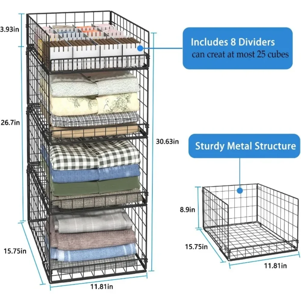 4 عبوات من منظمات الخزانات وأرفف تخزين للملابس والمطبخ، حاوية سلة تخزين قابلة للتكديس مكونة من 4 طبقات #3