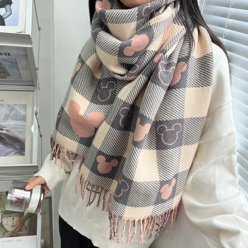 Fashion Mickey Love Checkerboard Girls Scarf with Tassel Autumn Winter Warm Casual Cashmere Soft Neck Scarves Birthday Gifts