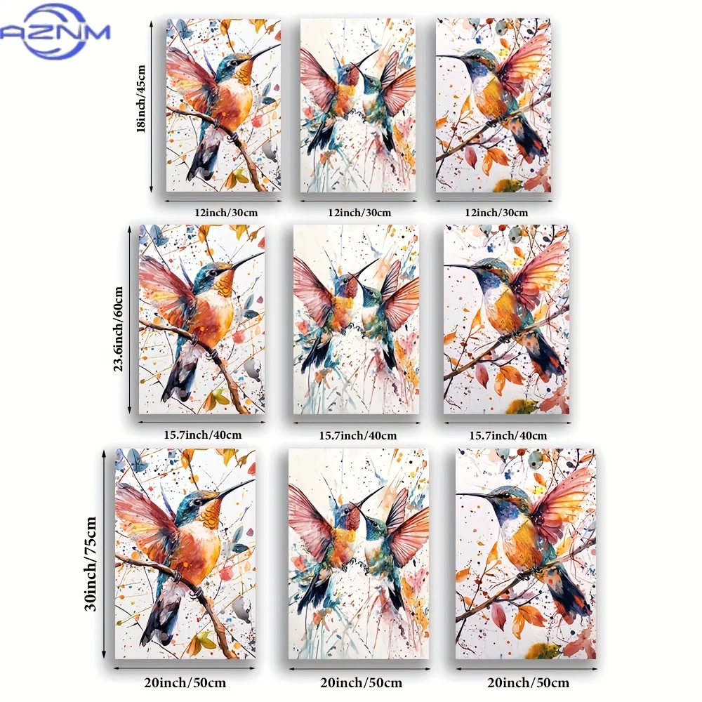 3pcs/set, Canvas Painting--Unframed, Boho Hummingbirds, Watercolor Birds, Artist Drawing Set, Living Room, Library, Office, Cafe