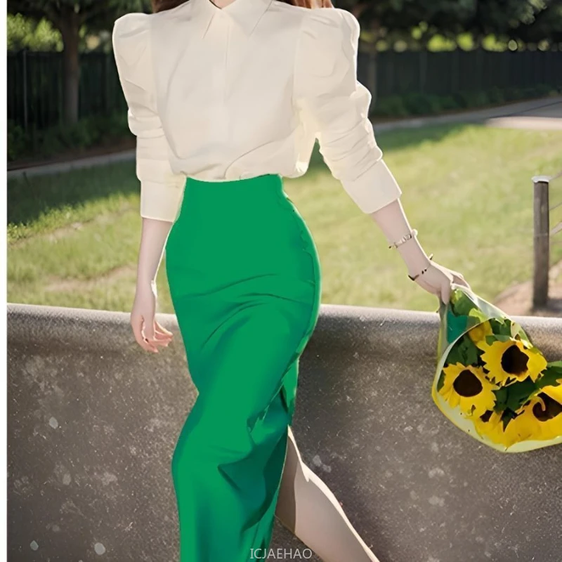 

Women Elegant Suits White Puff Sleeves Shirt+High Waist Slim Split Midi Pencil Skirt 2-Piece Set Office Lady Outfits Spring