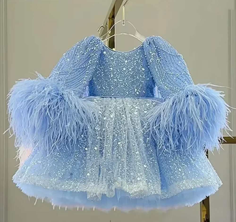 

Изысканное арабское синее платье для девочек с перьями, наряд принцессы для праздников, свадеб, дней рождения, выпускных и конкурсов красоты