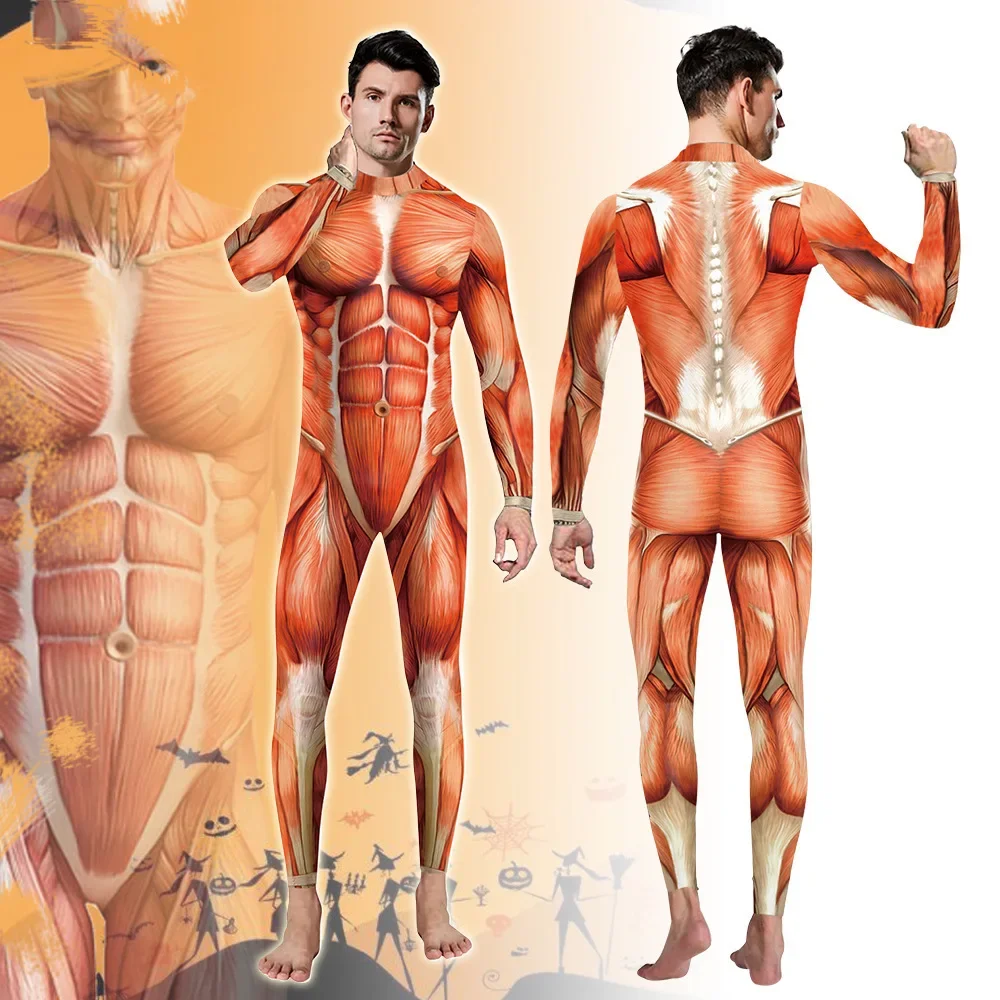 

Carnival New Hot Muscle Print Cosplay Bodysuits Men Funny Suit Halloween Dress Up Party Clothes Sexy Fitness Catsuit Zentai