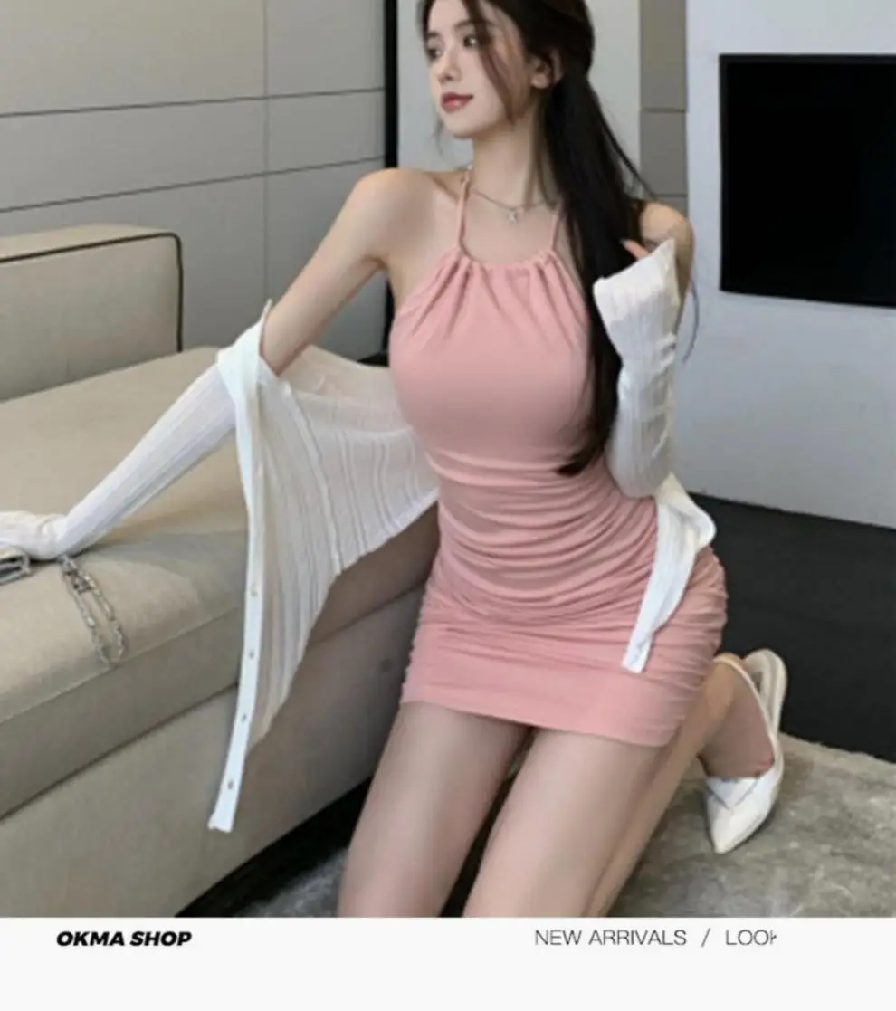 Damen Sommer Neckholder-Cami-Kleid, Figurbetont, mit Stretch-Bund, Süßer Y2K Spicy Girl Stil, Kurzes Kleid, Elegant, Lässig D – Detail 14