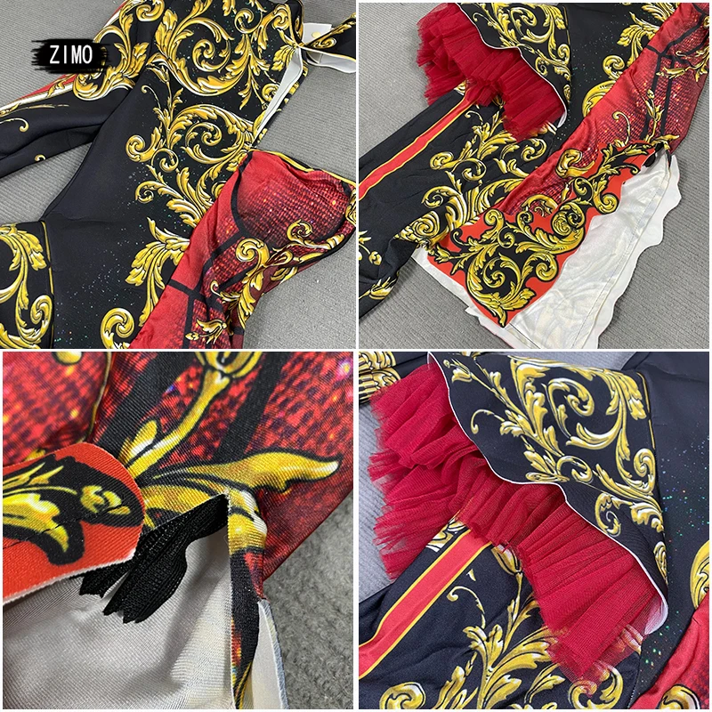 red Print 2 item jumpsuit and headdress party club sexy Women man drag queen Performance Costumes Stage Dance Jumpsuits designer