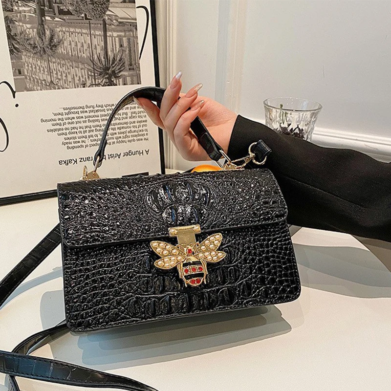 2023 New Black Fashion Women Handbags Brand Shoulder Messenger Female Tote Travel Crocodile Pattern Portable Boston Leather Bags