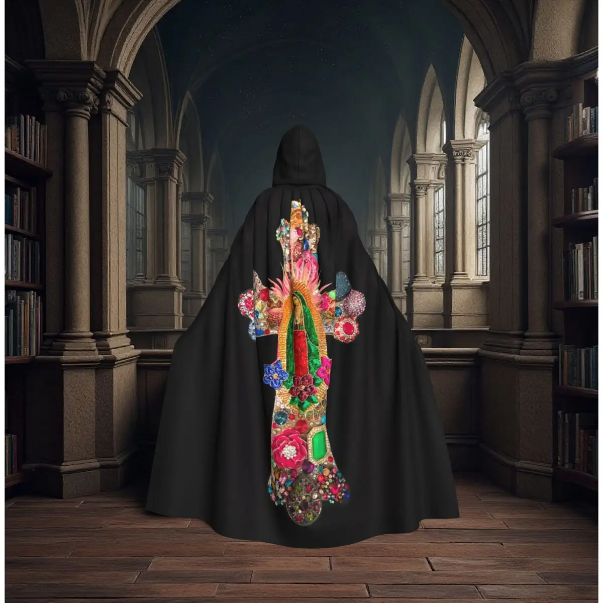 

Длинный плащ с капюшоном Девы Марии Гваделупской с ореолом и розами, средневековый костюм ведьмы, накидка для косплея, Хэллоуин, вампирский костюм