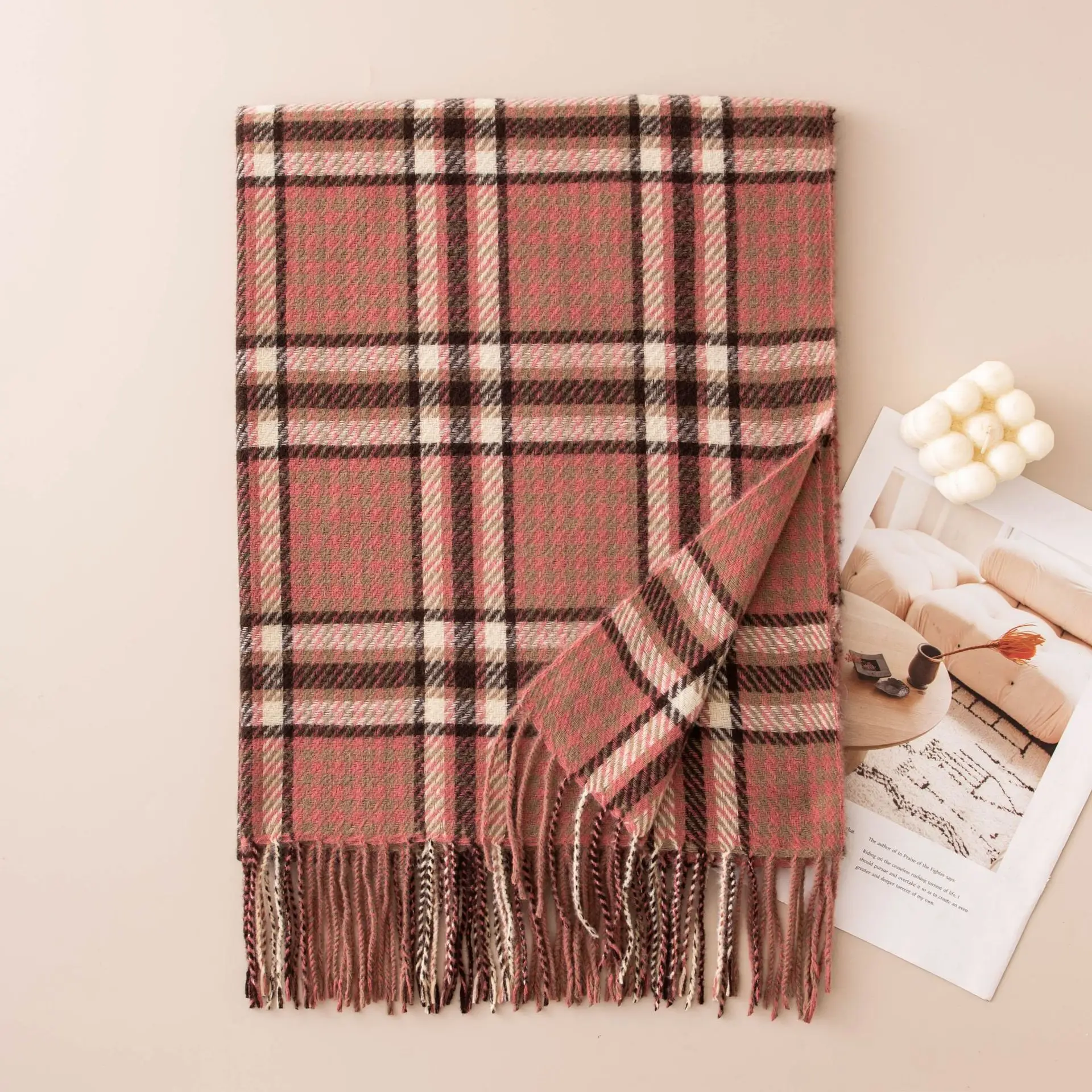 Women's Houndstooth Faux Cashmere Scarf, Autumn Winter Warm Pashmina Wrap, British Fringe Shawl, Versatile Plaid Neck Scarf