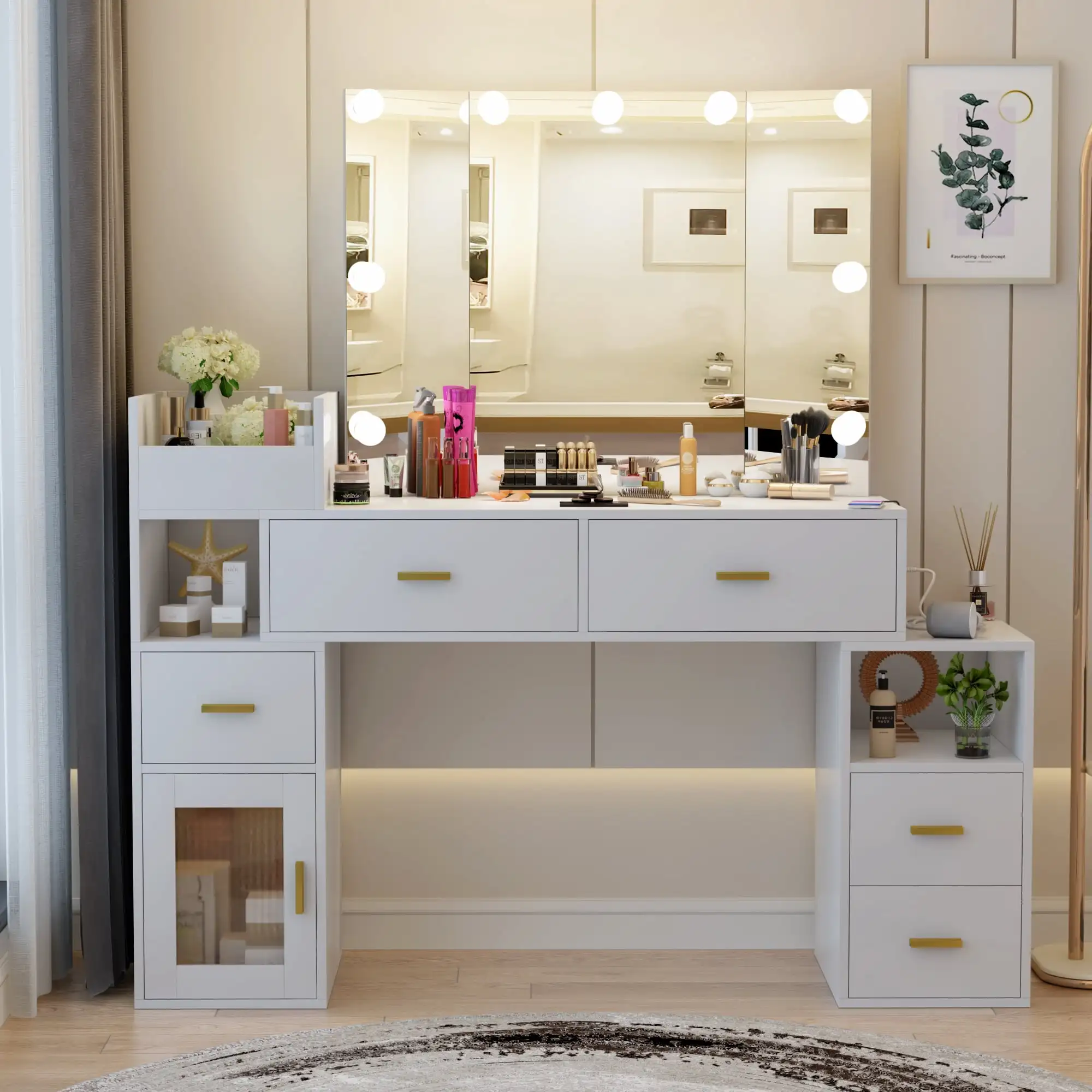 

Vanity Set with Lighted Mirror, Makeup Vanity with 3 Lighting Options and Charging Station, Large Vanity Desk with