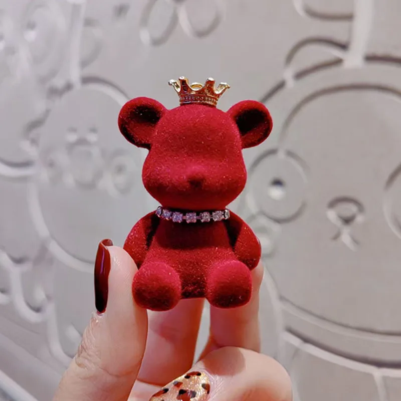 Cartoon Flocked Crown Violent Bear Keychain Pendant for Women Bag Men Car Key Chain Girl Phone Lanyard Leather Rope Keyring Gift