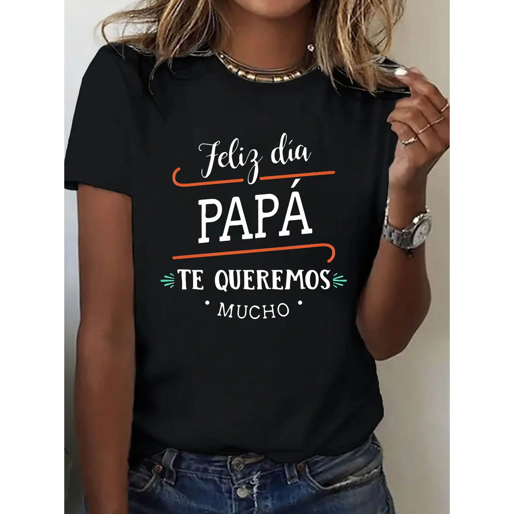 

Women's Short Sleeve T-Shirt - Black Spanish Father's Day Graphic Print "Feliz Día Papá", Vibrant Orange & Teal Geometric Design