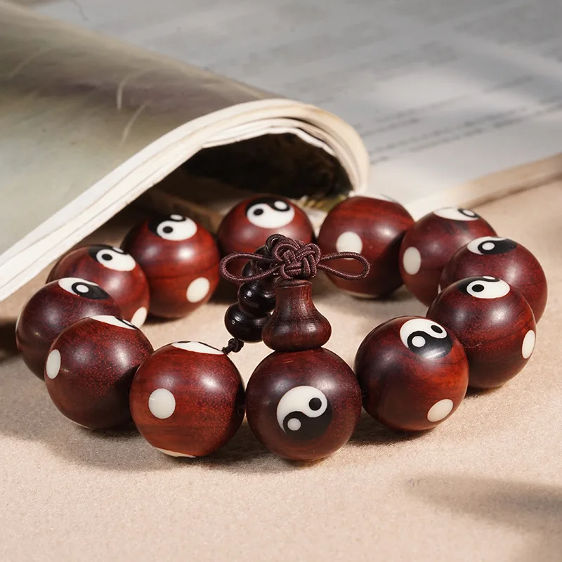 Chinese Style Red Sandalwood Tai Chi Bagua Inlaid Gourd Beaded Bracelet Unisex Couple Good Luck Blessing Fortune Prayer Beads