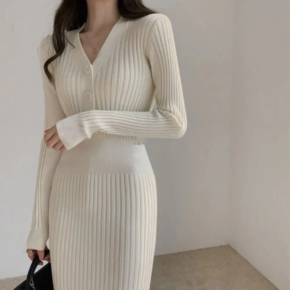 

Korean Style Winter Knit Warm Long Dress V-neck Warm Sexy Slim Sweater Dress Comfortable Bottom Wrap Dress Woman's Knitted Dress