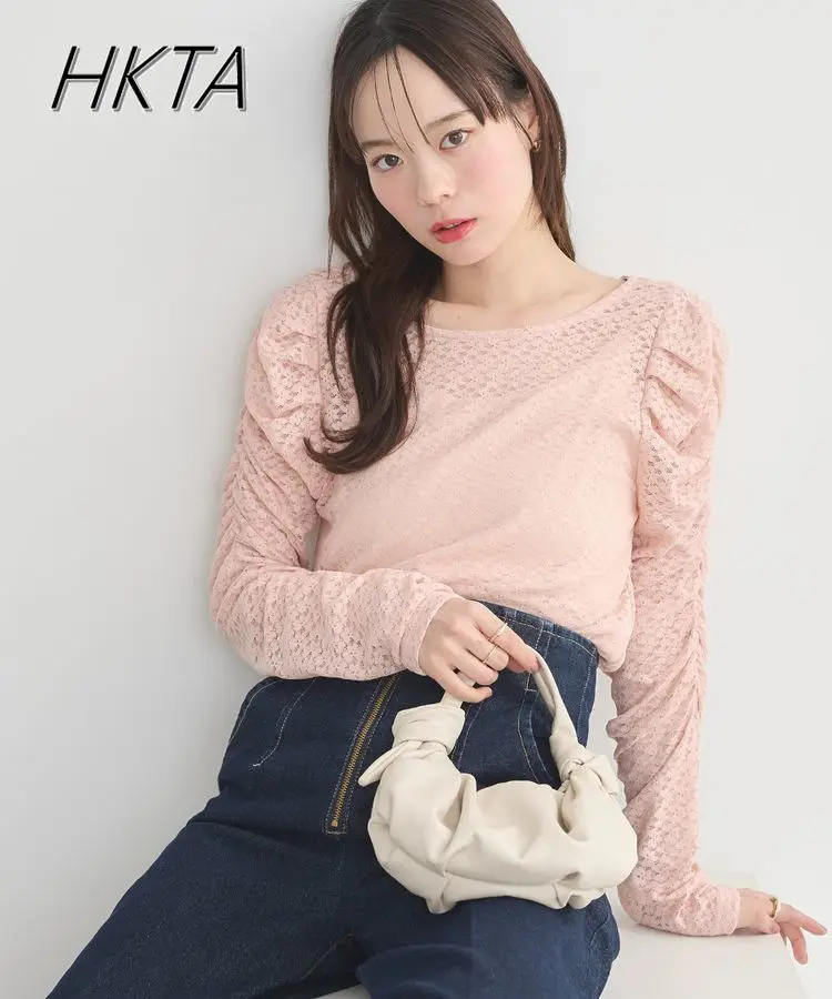 

Spring Summer Round Neck Slim Tshirt Women Pleated Long Sleeve Inside Lace Top Shirt Girl Lolita Sweet Cute Print Pink T-shirt