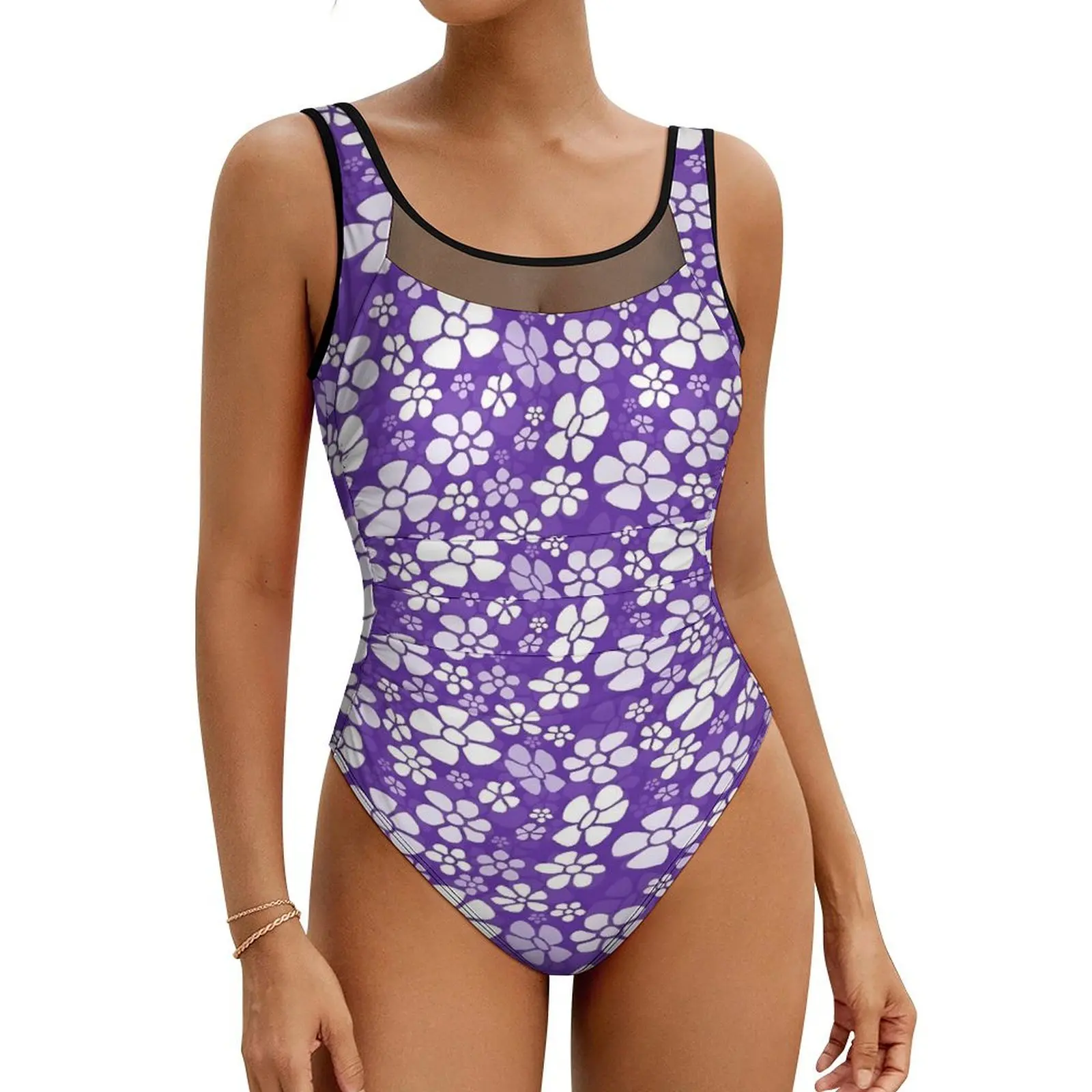 Ditsy Floral Swimsuit Purple Flowers Push Up Swimwear One-Piece Sport Bathing Suit Swimsuits Sexy Graphic Beach Wear Plus Size