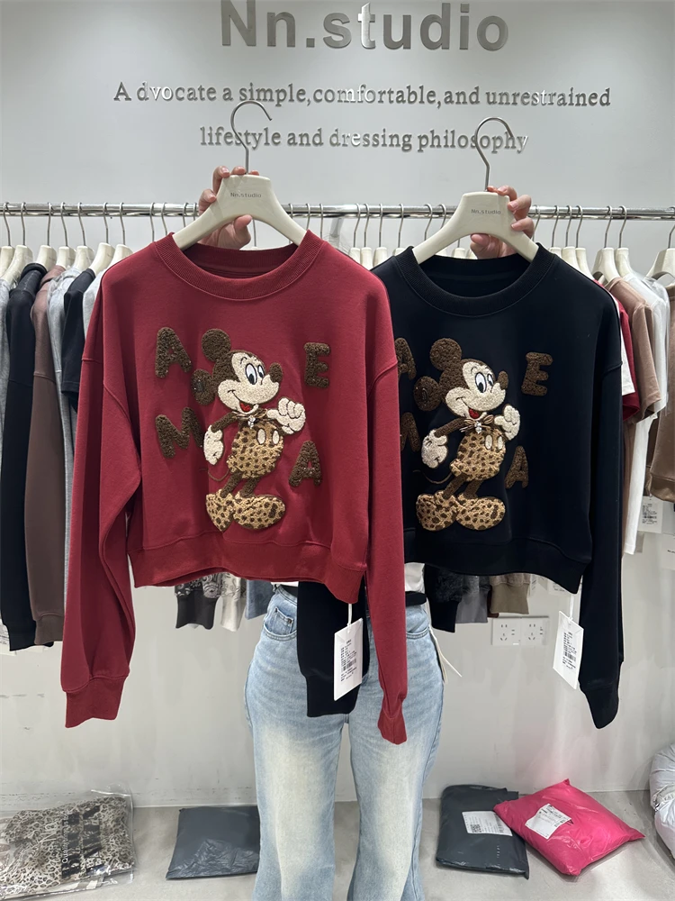 Autumn Winter New Women's Short Coat Loose Casual Hoodies Heavy Craft Leopard Cartoon Long Sleeves Pullover Crew Neck Sweatshirt