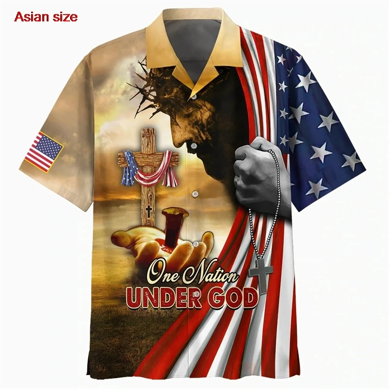 New Men's USA National Eagle Flag Shirts Fashion 3d Hawaiian Shirt Jesus Pattern Short Sleeve Oversized Casual Female Blouse 6XL