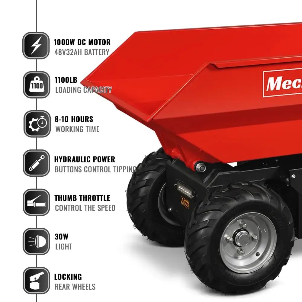 1100Lb Loading 48V Battery Powered Wheel Barrow Electric Dumper Cart with 30W Light, Hydraulic Tipping, 1000W Brushless