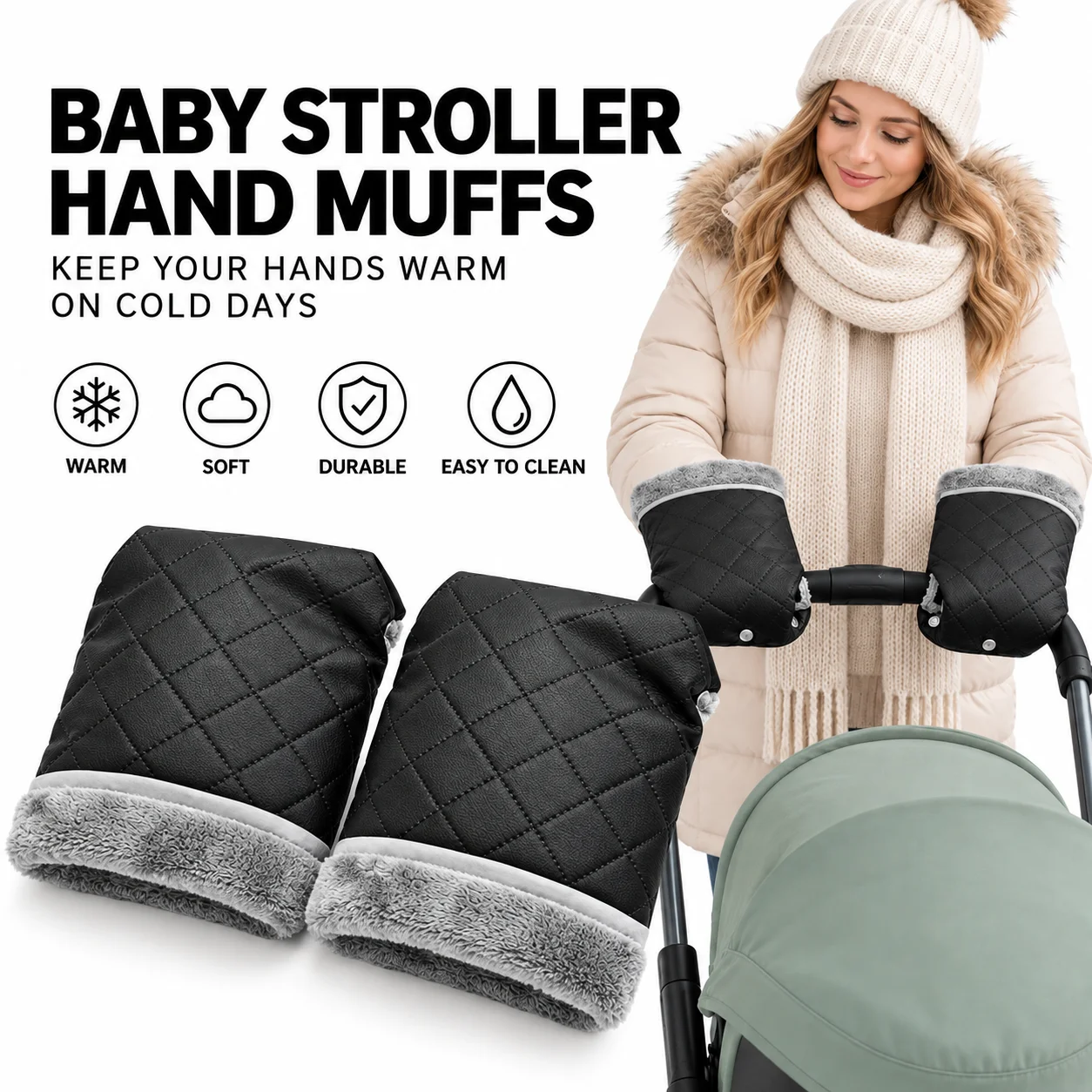 Universal Stroller Handlebar Mittens Winter Warm Windproof Fleece Lined Hand Muffs for Pram Pushchair Baby Accessories