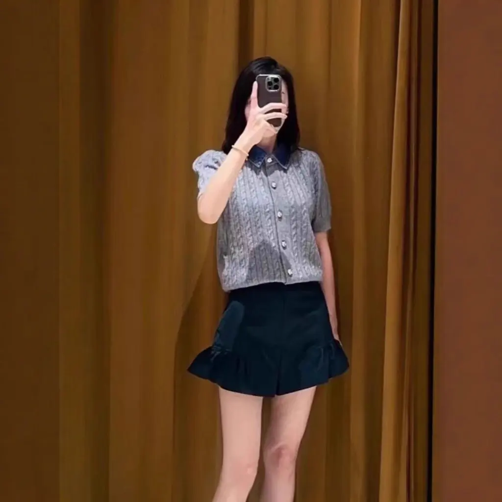 

Early Autumn French Style Knitted Sweater With Denim Collar And Twist Flower Design Short Sleeve Women's Jeans Pants