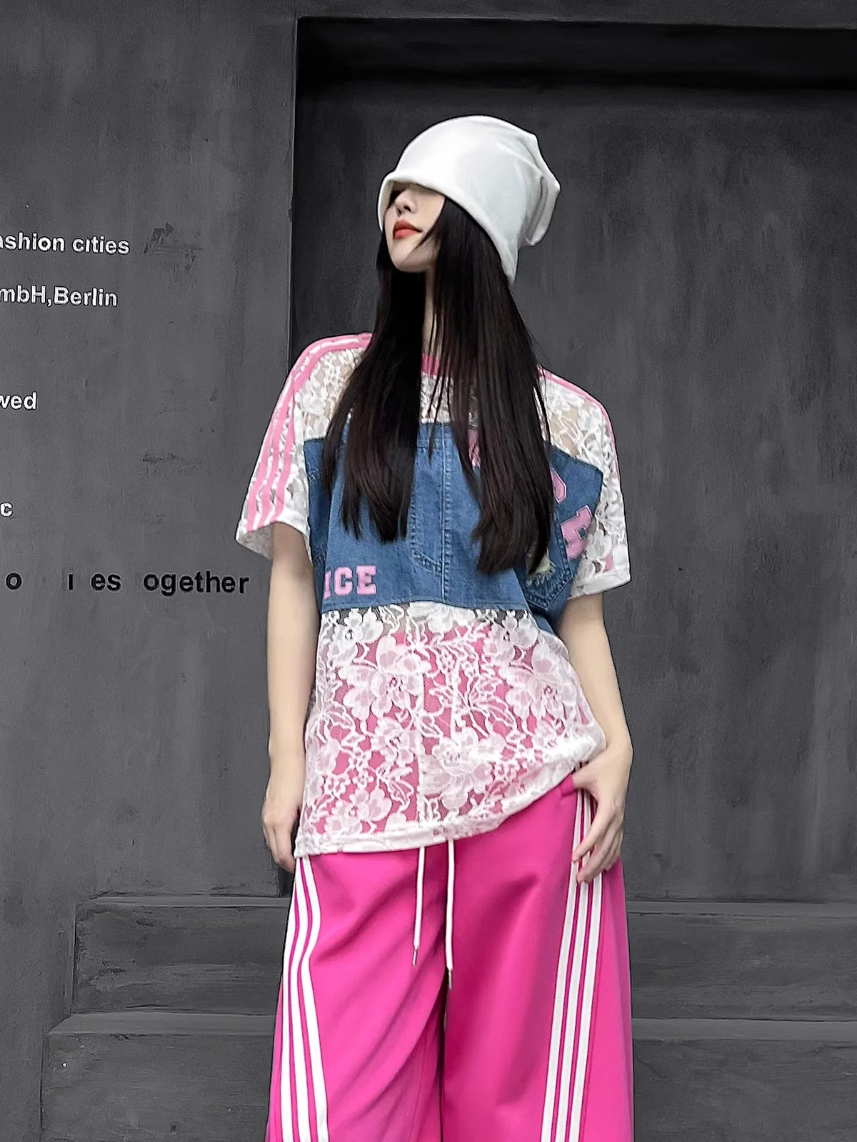 

M-Home Faion Brand Lace Splicing Hollow out ort Sve T-irt Loose Fit Street Sle Cotton Polyester Blend Summer Wear