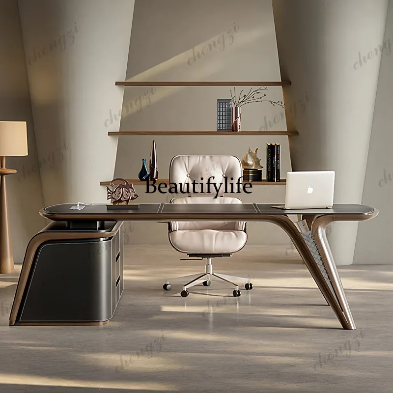 L181 Italian minimalist desk Home high-end saddle leather study desk Song-style writing  Computer desk