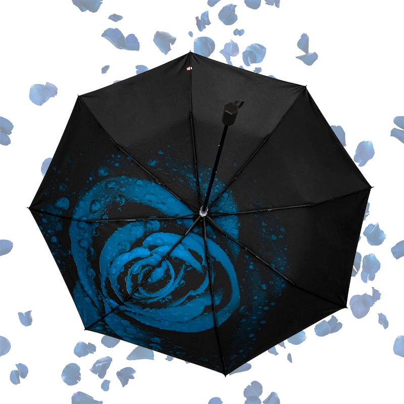 Red leaf Three Fold Manual Umbrella Black Glue Coating Rose Print Flower Pattern Umbrella Sun and Rain Protection Umbrella