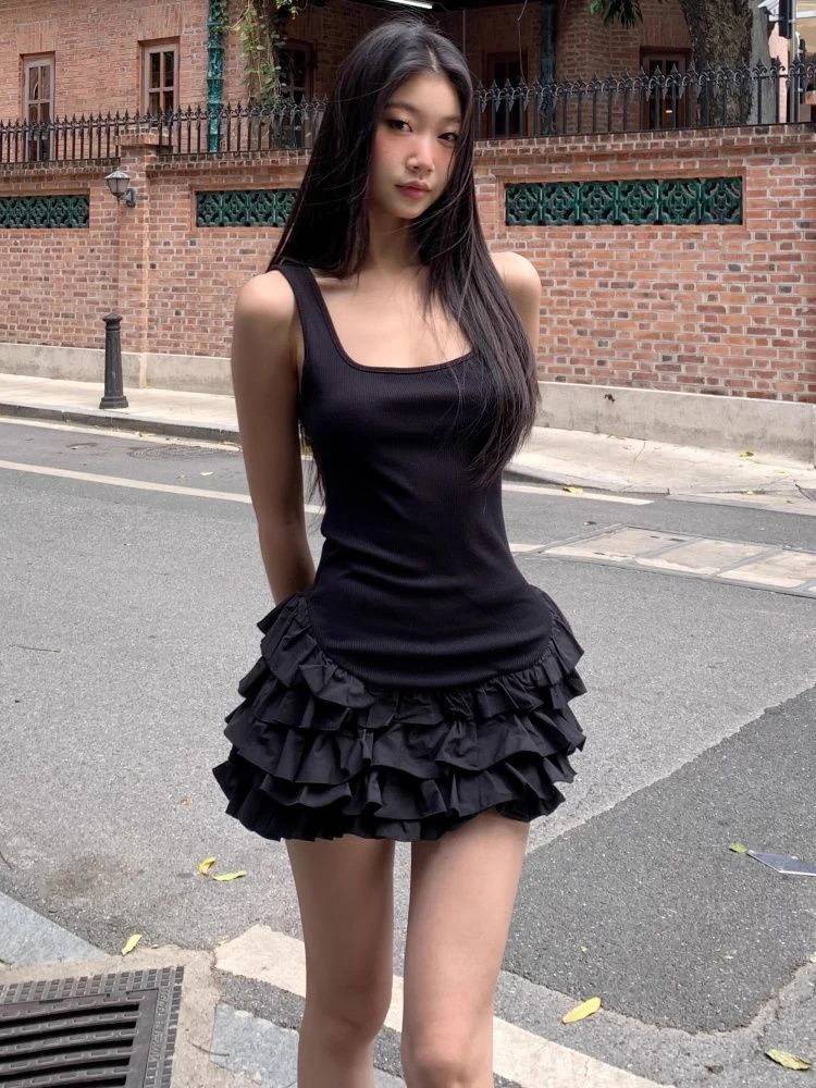 สีดําหวาน Camis ผู้หญิงฤดูร้อนแฟชั่น Ruffle Patchwork Streetwear Tutu ชุดเซ็กซี่ Slim มินิ Vestidos หญิง