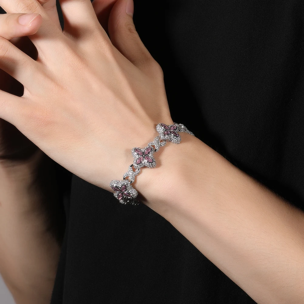 THE BLING KING Iced Out Floral Colored Bracelet For Women 19MM Width Pink Zirconia Clover Infinity Link Chain Lovely Jewelry